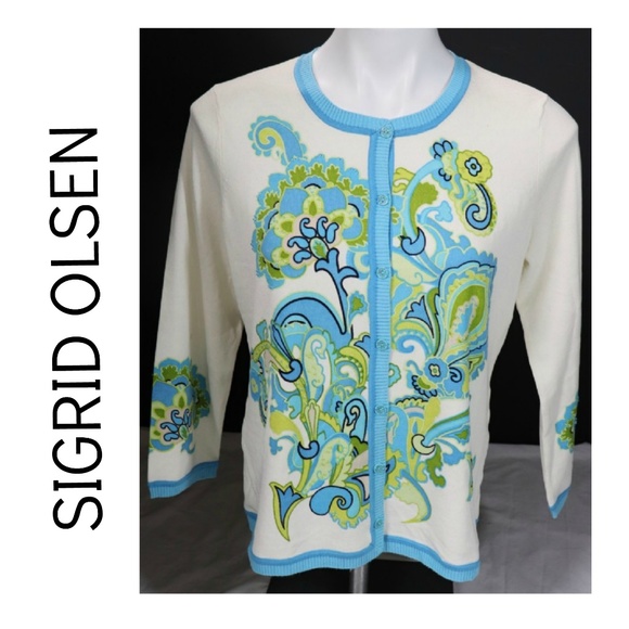 Sigrid Olsen Sweaters - SIGRID OLSEN BLUE & LIME FLORAL CARDIGAN SWEATER M
